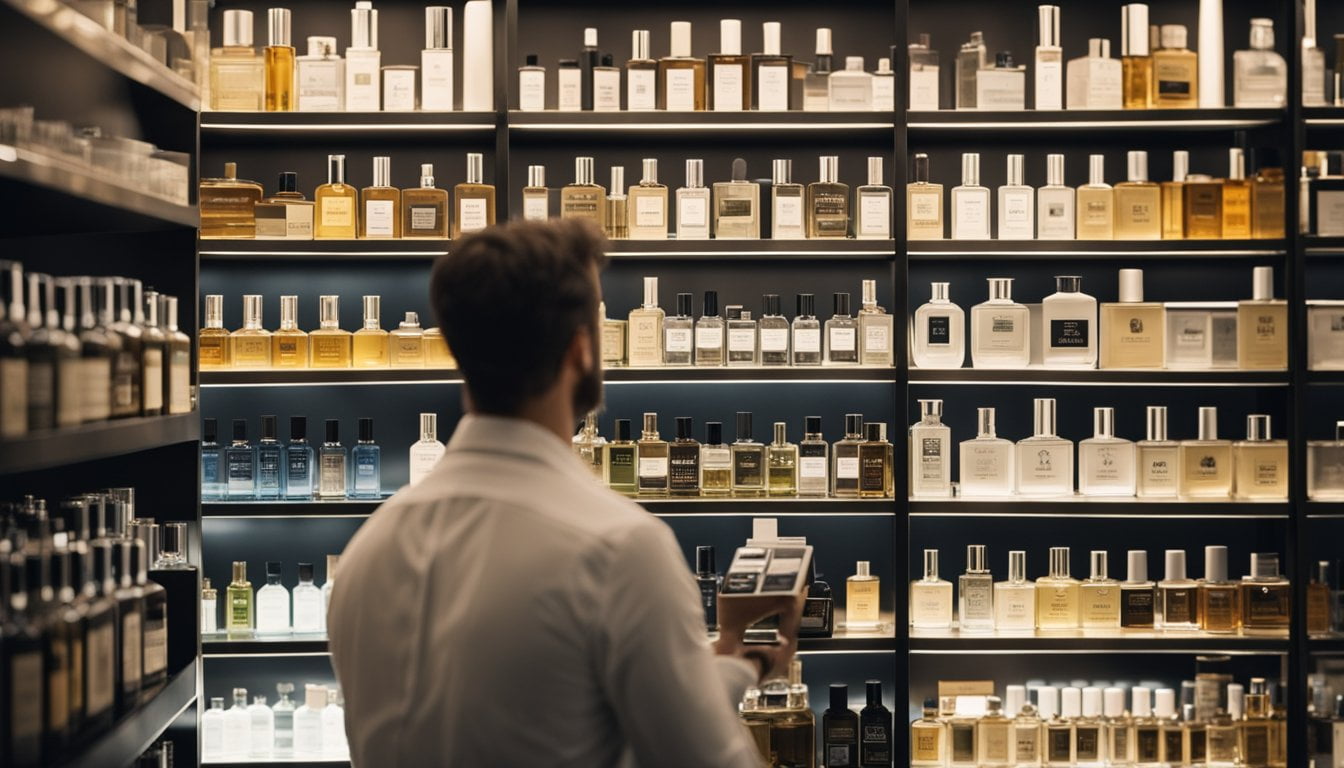 Melhor Perfume masculino importado mais vendido: 10 melhores 13 A man browsing shelves of imported men's cologne, surrounded by various brands and scents, with a salesperson assisting nearby