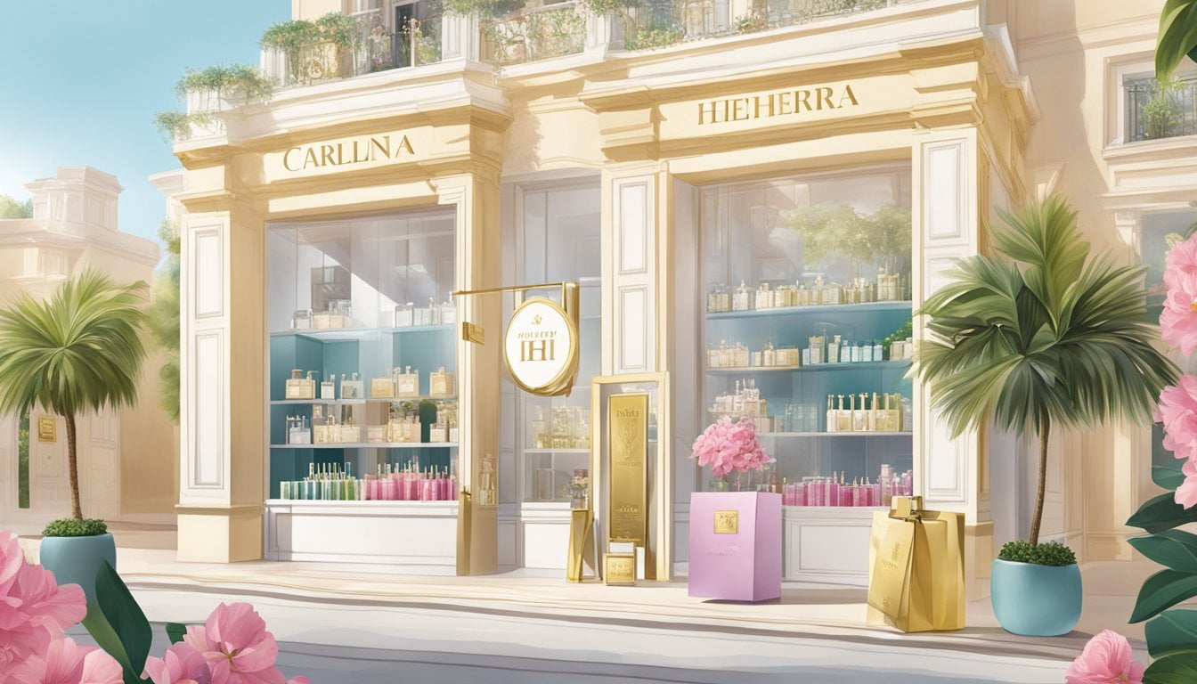 Melhor Perfume Carolina Herrera Masculino em 2024 16 A display of Carolina Herrera perfumes with "Onde Comprar e Ofertas" signage, surrounded by elegant packaging and floral accents