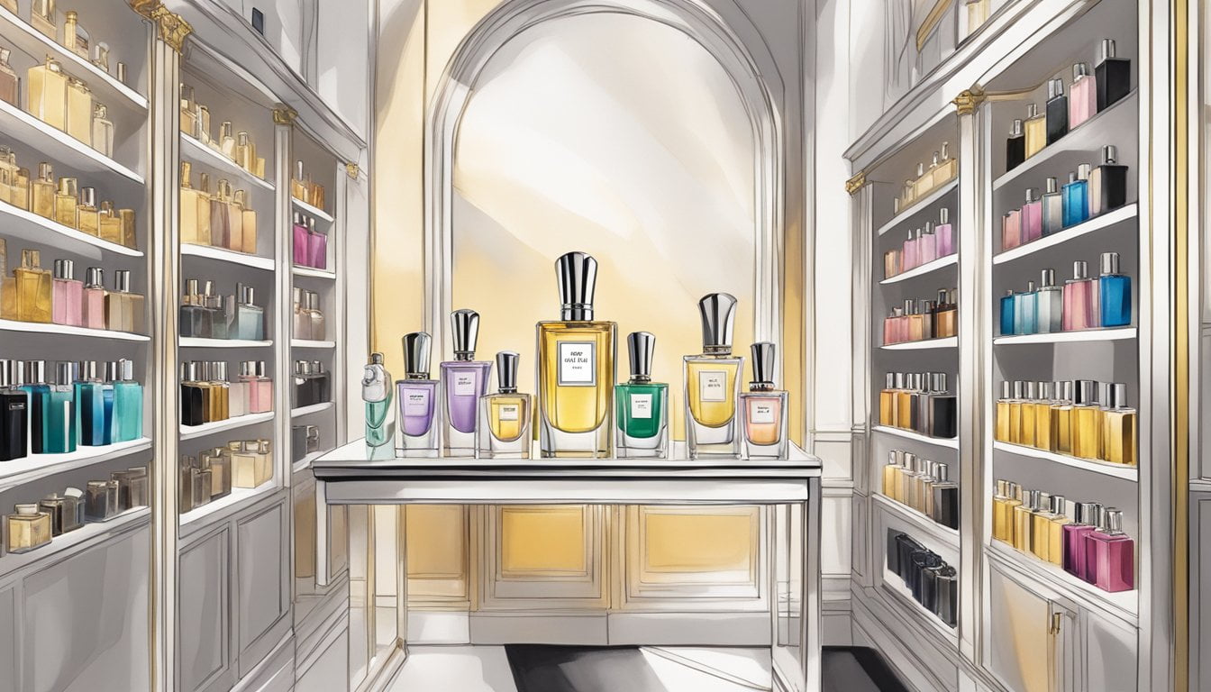 Melhor Perfume Carolina Herrera Masculino em 2024 18 A hand placing a Carolina Herrera perfume bottle on a shelf, next to other luxury fragrances