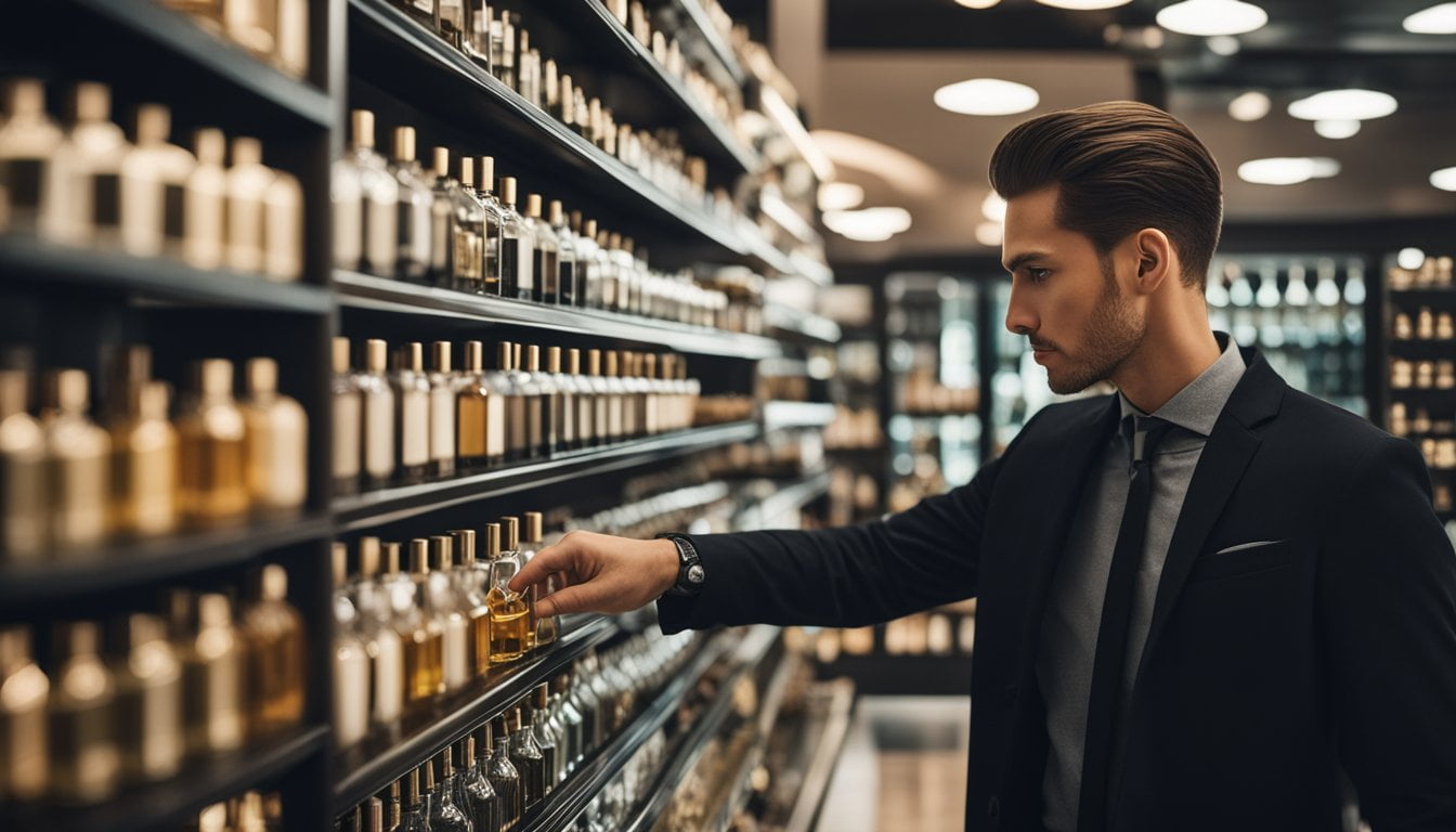 Melhor Perfume masculino importado mais vendido: 10 melhores 12 A man carefully selects from a display of top-selling imported men's fragrances